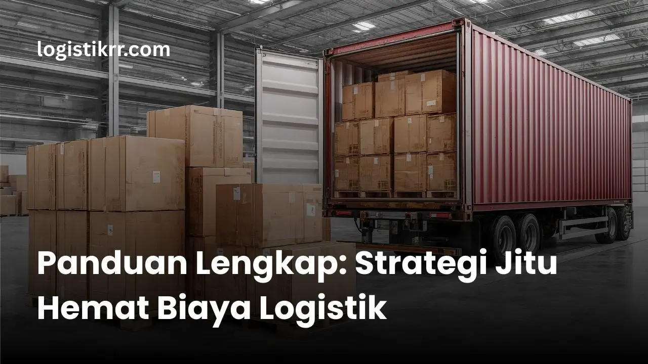 Ilustrasi strategi hemat biaya logistik dengan kualitas terjaga: kotak kardus, grafik biaya menurun, dan stempel 'OK'