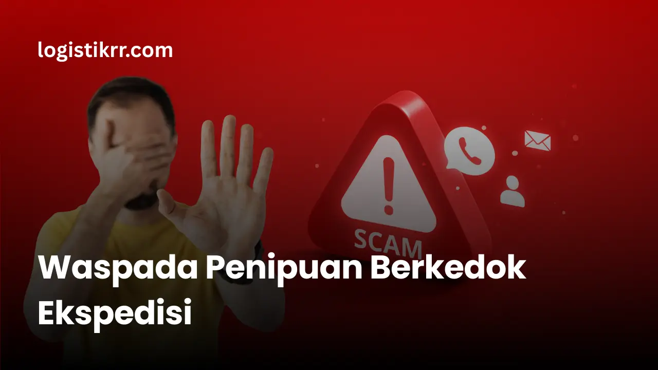 Ilustrasi penipuan berkedok jasa ekspedisi dengan tanda seru besar